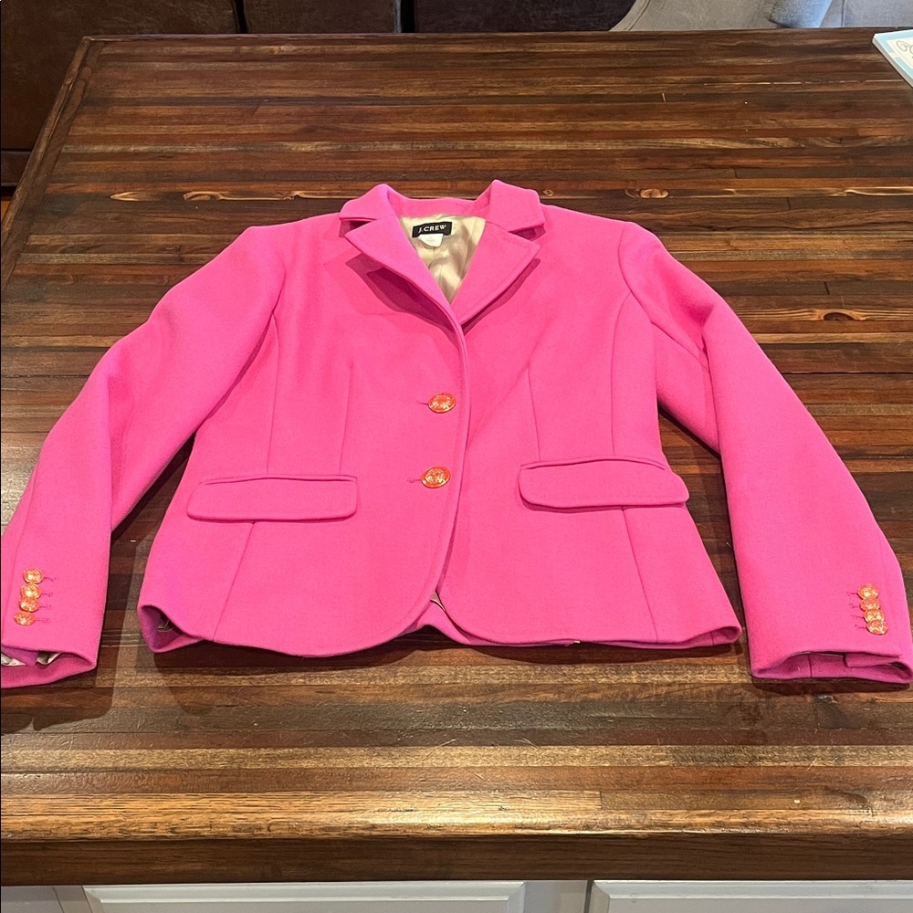J. Crew Hot Pink Wool Tailored Blazer with Gold Buttons